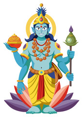 Vibrant illustration of lord vishnu with multiple arms holding divine objects