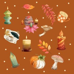 clipart set of autumn details on brown background: leaves, candles, pumpkins, coffee, tea, autumn inspo, pxl 5000x5000