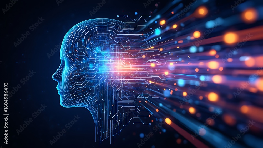 Aufkleber abstract digital human head with glowing data streams flowing outwards representing artificial intel