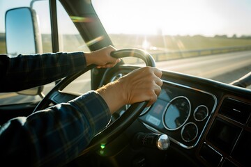 Hands on the steering wheel of a truck driving on a road during sunset