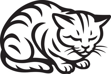 Sleeping curled cat silhouette black and white, Cozy domestic cat graphic outline