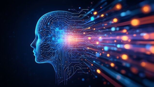 Abstract digital human head with glowing data streams flowing outwards representing artificial intelligence and technology - Powered by Adobe