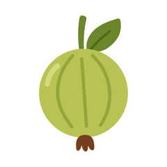 Vector clipart of gooseberry with green leaves in flat cartoon style. Cute summer fruit design for food, decoration, packaging, or children projects.