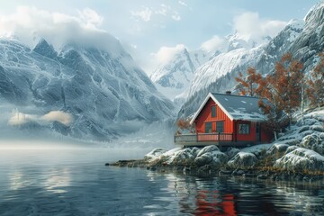 Fototapeta premium A traditional red Scandinavian wooden house (rorbu) sits by a calm lake, with majestic snow-covered mountains in the background. The scene is serene, with autumn trees adding color