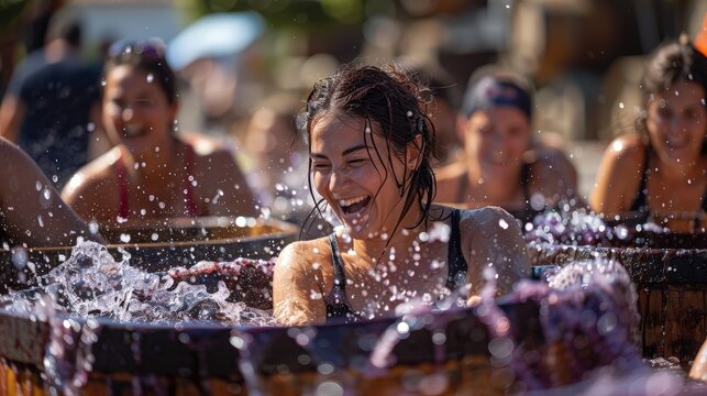A joyful young woman laughs while participating in a traditional grape stomping event at a wine festival. She is in a large wooden barrel, splashing in the purple grape mash