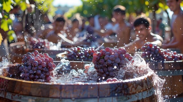 A close-up of wooden barrels brimming with fresh red grapes splashing in water. In the background, people enjoy a sunny grape stomping festival, symbolizing a traditional harvest celebration