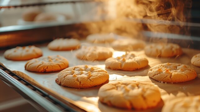A baking tray filled with round sugar cookies, fresh from the oven with steam rising. The warm, golden lighting highlights their soft, freshly baked texture
