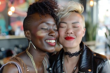 A close-up of two stylish best friends from diverse backgrounds smiling with their eyes closed. They share a moment of pure joy and affection in a warmly lit, modern setting
