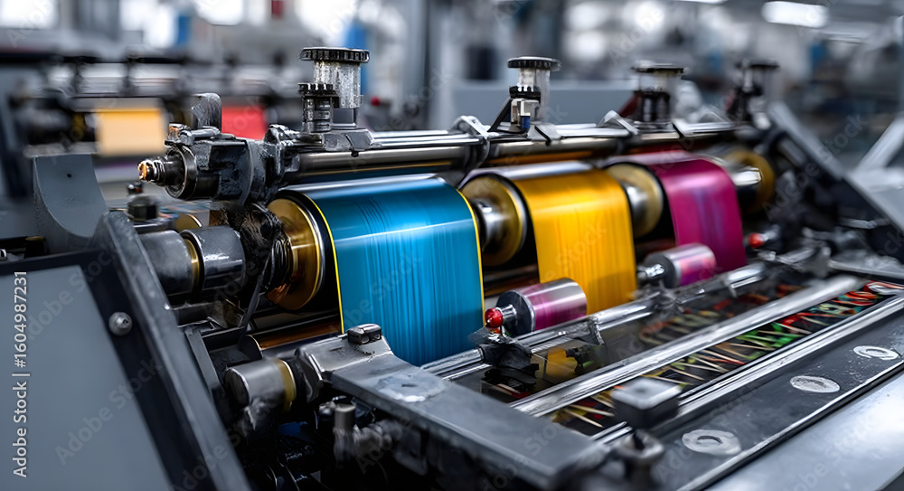 Poster industrial offset printing press with colorful rollers actively printing in a factory