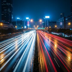 City highway at night with light trails from moving vehicles.
