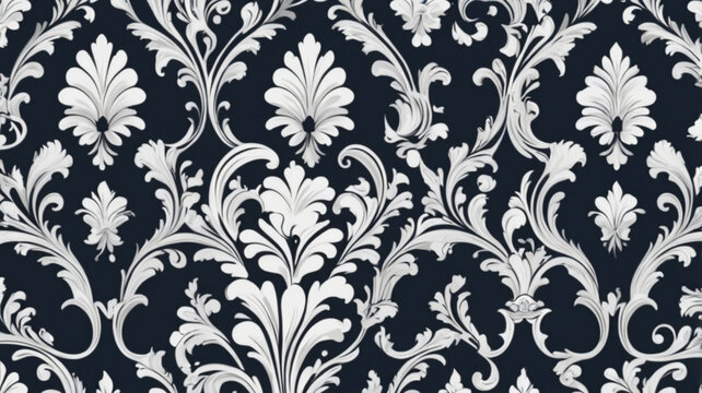 Seamless damask wallpaper.3D render of dark blue damask pattern on dark blue background, seamless pattern.
