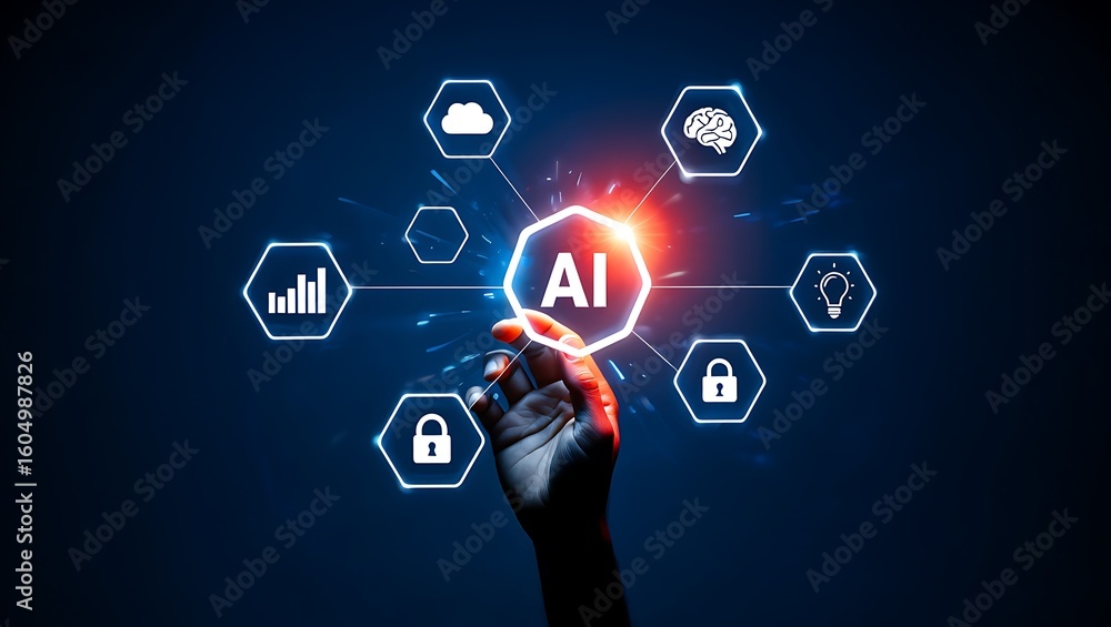 Aufkleber robotic hand touching ai symbol surrounded by technology icons representing data security and innova
