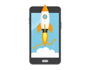 A - Flat Vector Rocket and Phone Icon with Line Graphs and Financial Growth Arrows, Front View, Isolated on Transparent Background.