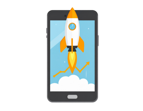 A - Flat Vector Rocket and Phone Icon with Line Graphs and Financial Growth Arrows, Front View, Isolated on Transparent Background.