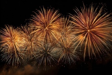 Obraz premium A stunning fireworks display lights up the night sky with golden colors against a black background, creating a dazzling celebration of joy.