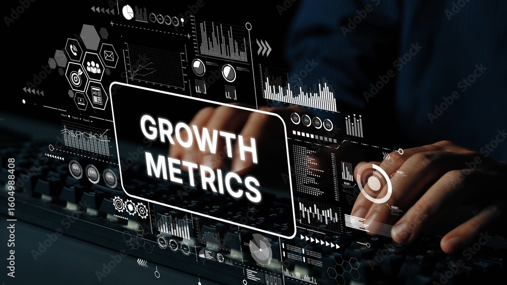 Poster hands on keyboard analyzing digital growth metrics with data visualization on screen. asymptotic sma