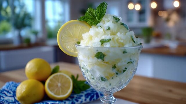 Refreshing minty lemon slush with crushed ice and juice in an elegant glass, garnished with a lemon slice and mint leaf, set against a bright kitchen backdrop.