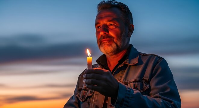A man holds a lit candle during twilight.