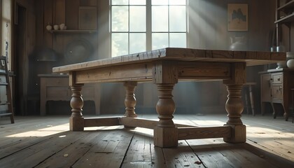 Rustic Wooden Farmhouse Table in Sunlit Room