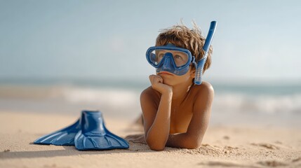 Happy child is lying on the sand of a tropical beach, wearing a diving mask and snorkel, resting his head on his hand, looking up, dreaming of exploring the ocean with his blue fins nearby