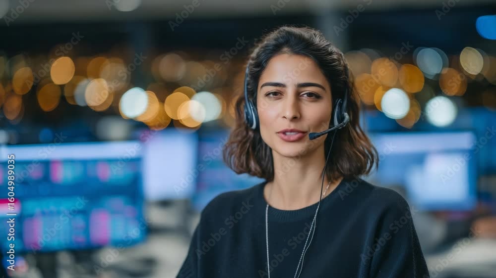 Poster friendly indian female tech support agent efficiently assists clients from a multi-screen workstatio
