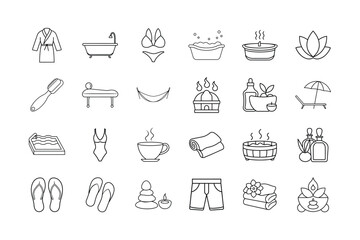 Spa & Relaxation Icons Vector Set: Bath, Hot Tub, Massage, Hammock, Swimsuit, Flip Flops, Tea, Aromatherapy, Towels, Beach Chair, Spa Products, Yoga, and Wellness Line Art Icons