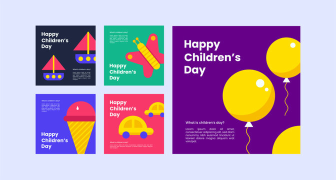 Children day greeting social media posts. Set of flat vector illustrations. Minimalistic background illustrations for sales, advertisements, coupons. Banner, poster, flyer.