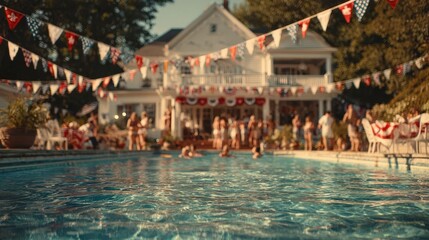 A vibrant backyard pool party with people dancing and swimming, featuring a white house decorated for July 4th, evokes a festive summer atmosphere with warm colors.