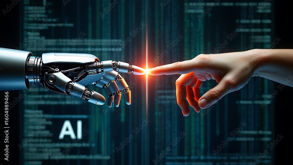 Poster human finger and robot hand touching with glowing connection symbolizing ai and technology