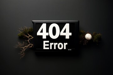 A black screen displaying a 404 error message decorated with moss and twigs on a dark background.