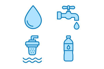 Set of blue water icons featuring drop, tap, filter, and bottle