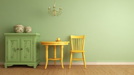 A pastel green room with a yellow table and chair.