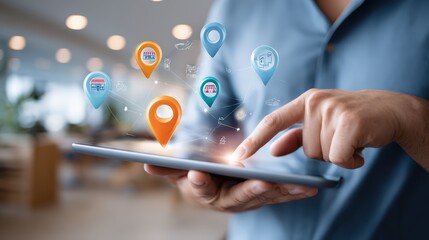 Hand Touching Tablet With Digital Location Icons