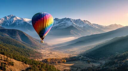 Fototapeta premium Colorful Hot Air Balloon Over Scenic Mountain Valley
