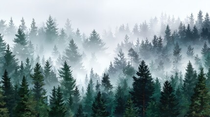 Dense Pine Forest In Morning Fog With Mist Layers