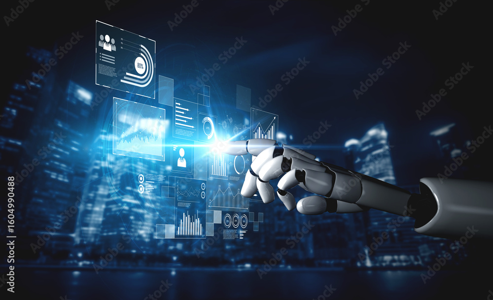 Poster ai interacts with data analytics dashboard, reading trends, improving decisions, and enhancing insig
