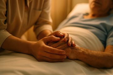 Compassionate Hand-Holding With Elderly Patient in Bed