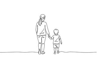 A minimalistic line drawing of a mother and child holding hands walking away together
