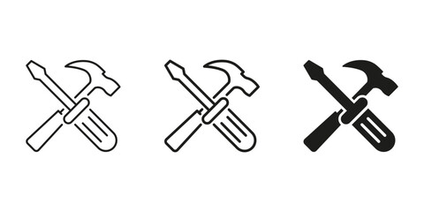 Crossed Hammer And Screwdriver Icon Set. Construction, Repair, And Maintenance Tools Outline And Silhouette Symbol Collection. Diy And Handyman Services Representation. Isolated Vector Illustration