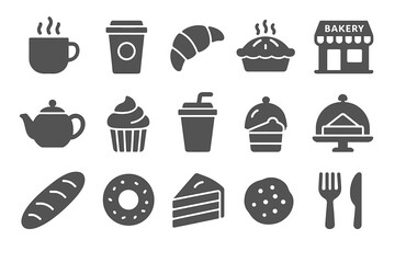 Bakery and cafe icons: coffee, pastries, teapot, cupcakes, croissant, pie, cake