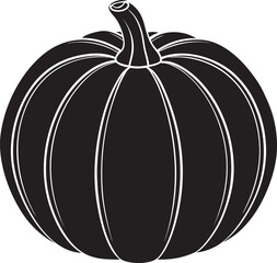 A bold black silhouette of a classic pumpkin with visible ribs and a stem, isolated on a clean white background.