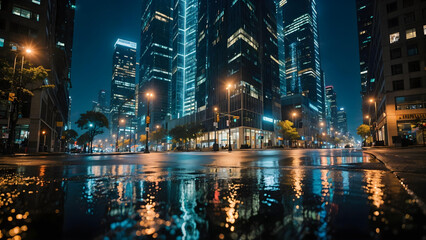 Naklejka premium Nighttime cityscape photo of illuminated modern skyscrapers, street lights, and reflections on wet pavement, vibrant urban atmosphere, no people.