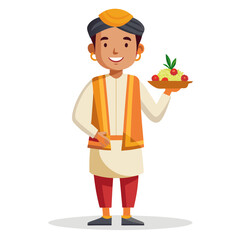 Smiling indian man in traditional attire holding a plate of food