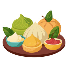 Assortment of colorful dessert pastries and fruit arranged on a platter