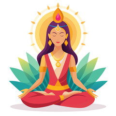 Serene indian woman meditating in lotus pose with sun halo and lotus petals