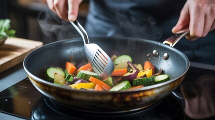 Chef's hands stir-frying vibrant colorful vegetables in a rustic pan, healthy cooking concept.