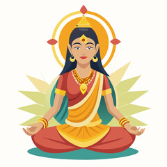 Beautiful indian woman meditating in a lotus position with traditional attire and jewelry