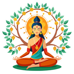 Serene woman in traditional indian attire meditating under a tree with golden fruits