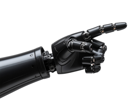 A - Futuristic Robotic Hand in Matte Black Finish Pointing to the Side, Side Angle View, Isolated on Transparent Background