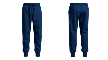 Navy blue sweatpants in front and back view, mockup isolated on transparent background